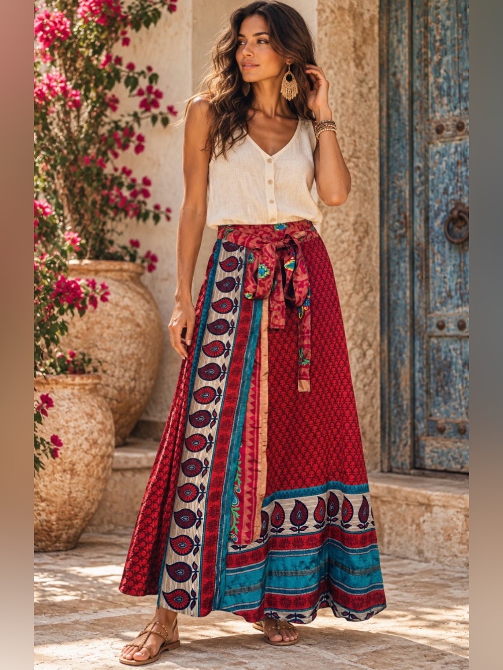 Recycled Silk Blend Long Maxi Wrap Skirt Free Size Indi Multi-Color Gypsy Boho